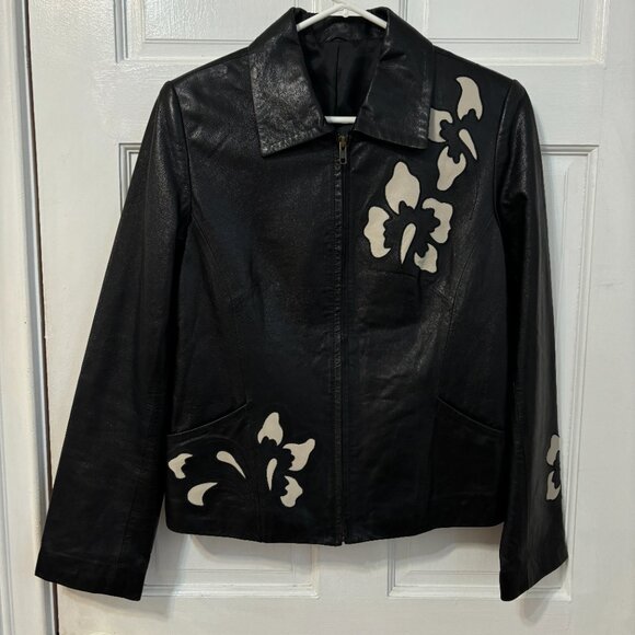 Black Leather Jacket Boxy Collar Zip Up Hibiscus Flowers Cream Cut Out Motif S M - Picture 2 of 9